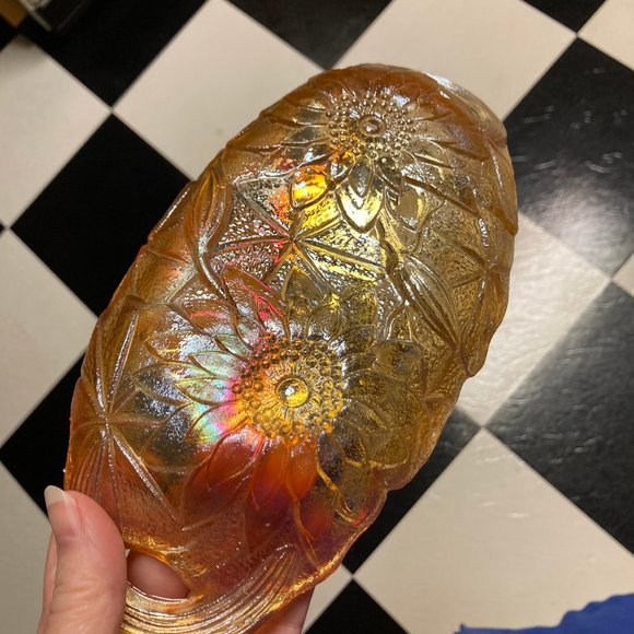 Vintage Carnival Glass Marigold/Sunflower Iridescent Oval Dish w/Handles - Picture 4 of 11